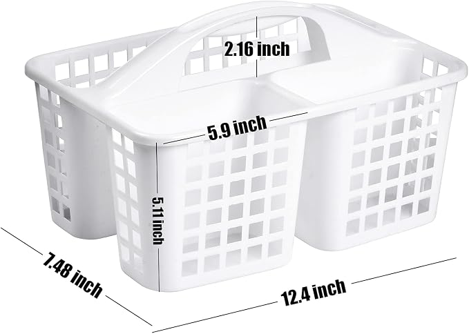 ALINK Plastic Shower Caddy Basket with Compartments, Portable Divided Cleaning Supply Storage Organizer with Handle for College Dorm Bathroom - White