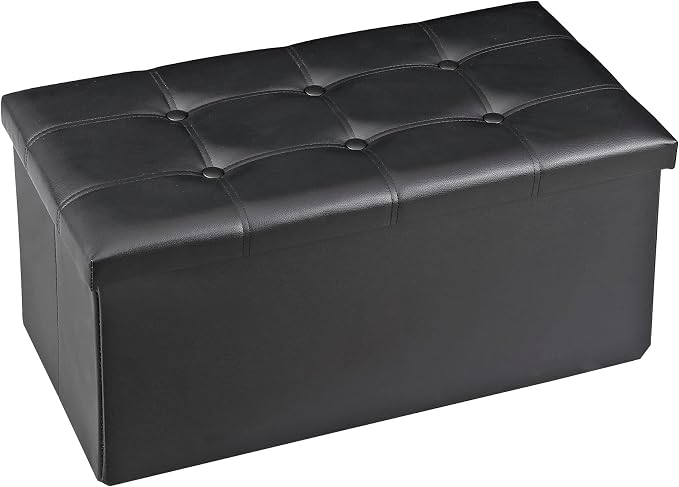 JupiterForce Ottoman Storage Bench, 30 Inches Folding Faux Leather Ottoman Foot Rest Stool, Footstool Bench w/Storage&Padded Seat for Bedroom, Entryway, Living Room, Holds up to 350lbs, Black