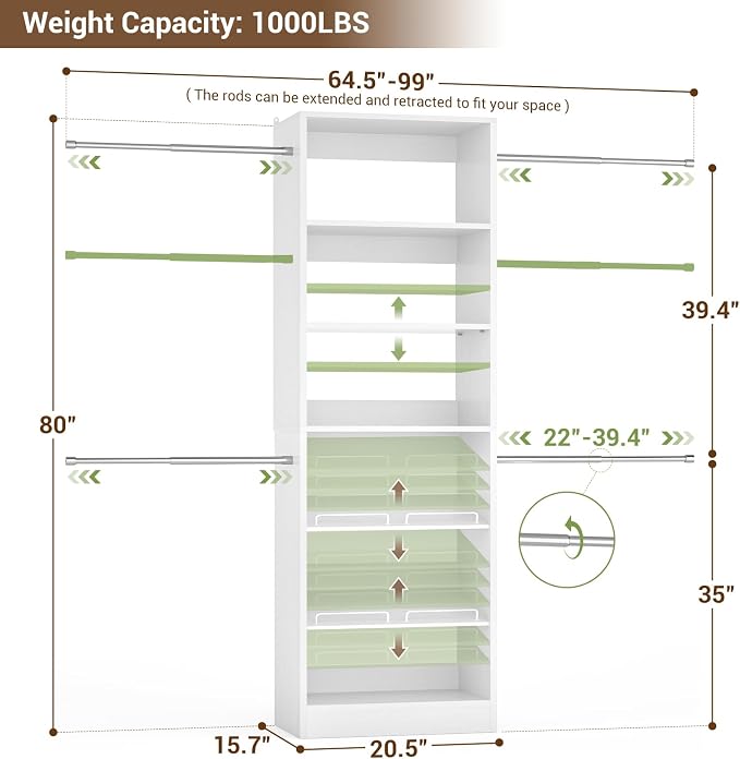 Unikito 4-8Ft Wood Closet Organizer System with Extendable Rods, White