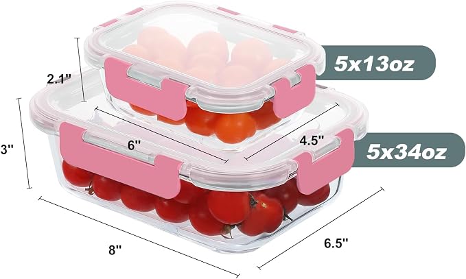 KOMUEE 10 Pack Glass Food Storage Containers with Lids, Pink | Meal Prep Containers Set, Airtight Glass Lunch Boxes, BPA-Free, Freezer, Oven, and Microwave Safe