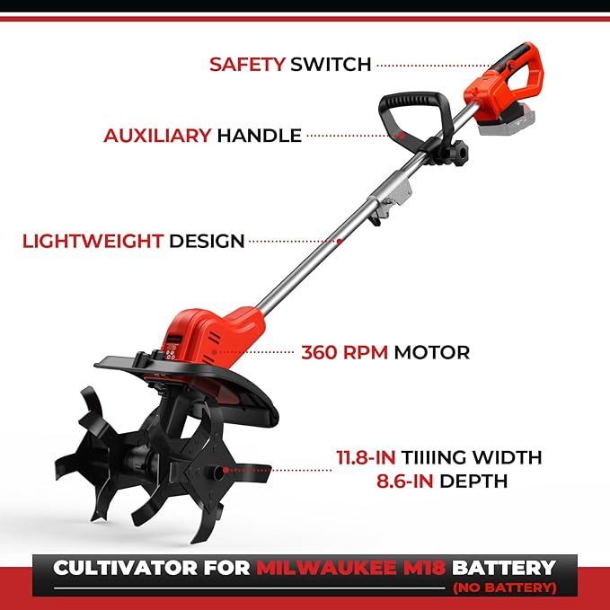 Cordless Tiller Cultivator for Milwaukee M18 Battery, 360RPM Electric Tiller for Gardening, 11.8in Tilling Width & 8.6in Depth, Battery Powered Tiller for Lawn/Soil Cultivation (Battery Not Included)