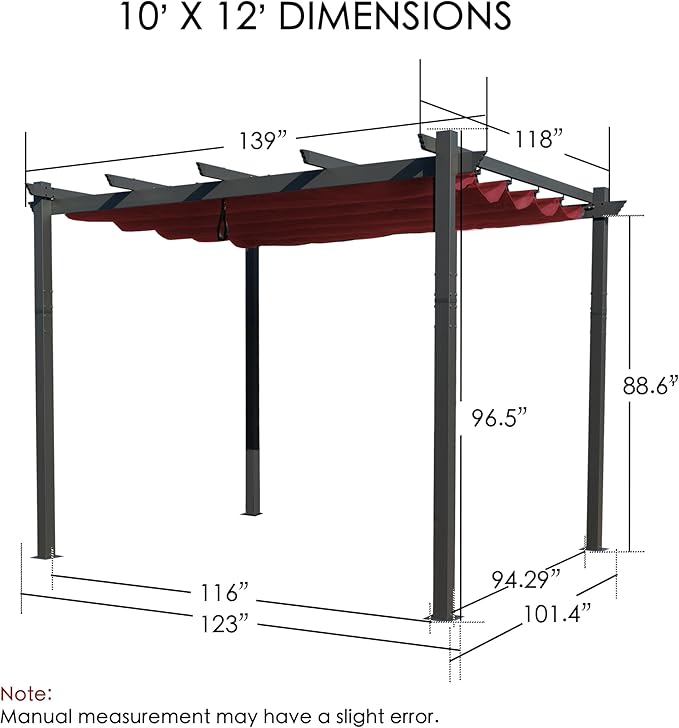 Kozyard Morgan Outdoor Retractable Pergola with Sun Shade Canopy Patio Aluminum Pergola Shelter for Backyard Deck Garden Modern Metal Grill Gazebo (10' x 12', Burgundy)