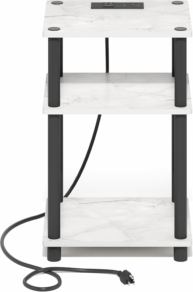 Furinno Just 3-Tier Night Stand with Charging Station, Light Marble