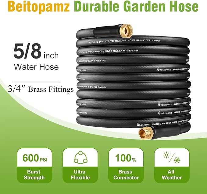 Beitopamz Short Garden Hose 1 ft x 5/8 in Male to Female Heavy Duty Small Water Hose Extender Connector, Lightweight Rubber Hybrid Leader Hose, Leak-Free Connections, 3/4'' Brass Fittings, Black