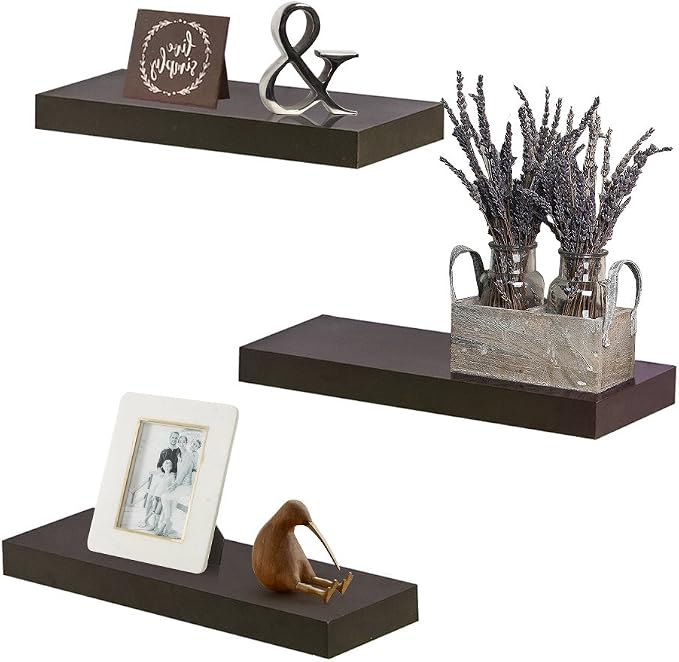 AHDECOR Floating Wall Mounted Shelves, Set of 3 Display Ledge Shelves Wide Panel for Bedroom Office Kitchen Living Room, 5.9" Deep, Espresso Brown