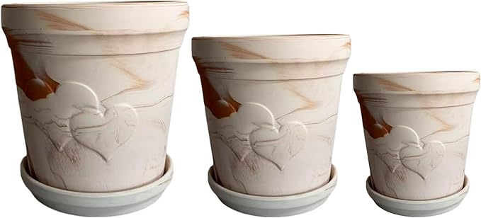 Set of 3 Unglazed Terracotta Plant Pots with Saucers, 6/8/10 Inch Embossed Heart Breathable Planters, Macchiato Marbled Pots for Indoor Outdoor Plants, Root Rot Prevention