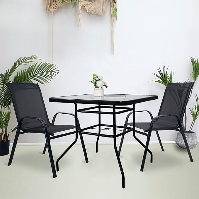 DIMAR GARDEN 32" Outdoor Coffee Table with Umbrella Hole, Patio Square Side Bistro Table with Glass Top, Black