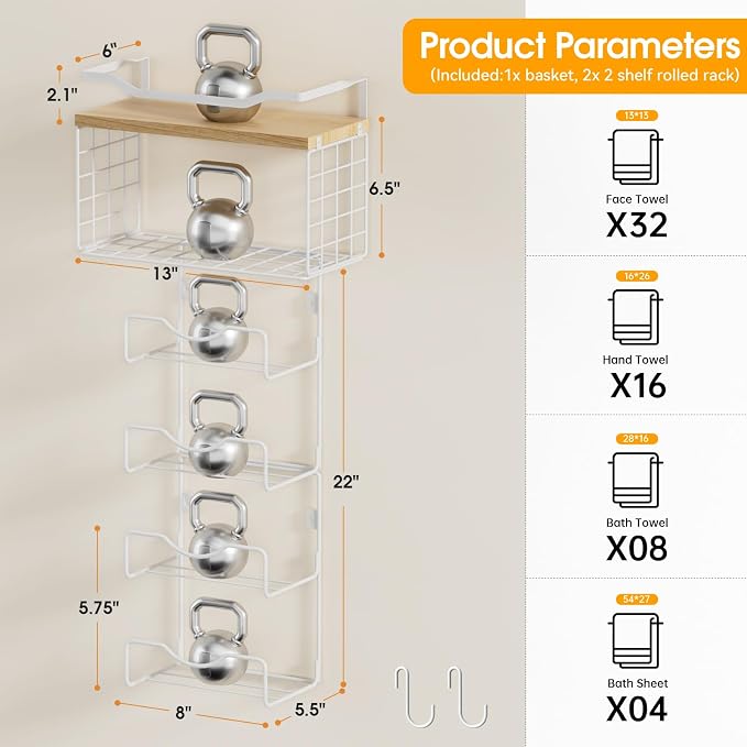 Towel Racks for Bathroom,Towel Rack Wall Mounted, 6 Tier Rolled Or Folded Towel Holder with Floating Shelves, Bathroom Towel Holder for Bath, Hand Towels,White,Walnut Wood Panel