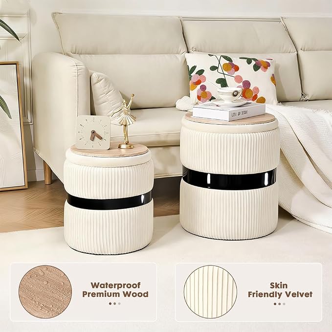Round Ottoman with Storage Set of 2 White Velvet