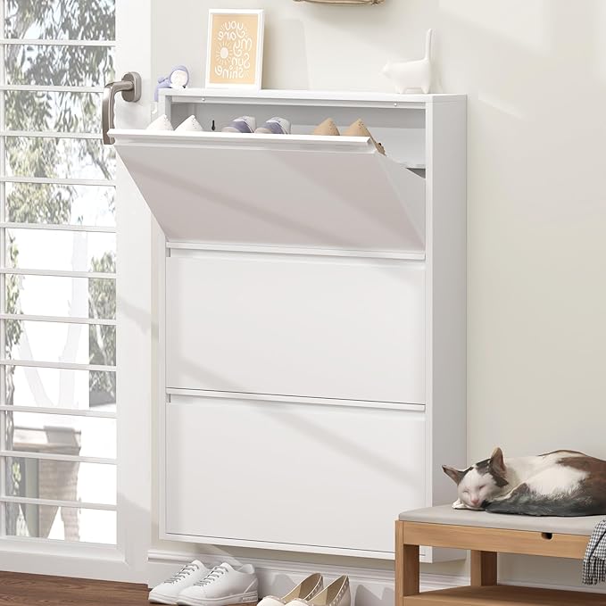 GREATMEET Slim Wall Mounted Metal Storage Cabinet with 3 Flip Drawers