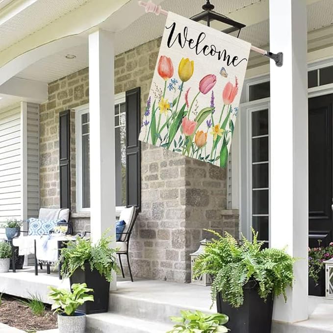 CROWNED BEAUTY Spring House Flag Floral 28x40 Inch Double Sided for Outside Tulips Welcome Burlap Large Yard Holiday Flag CF743-40
