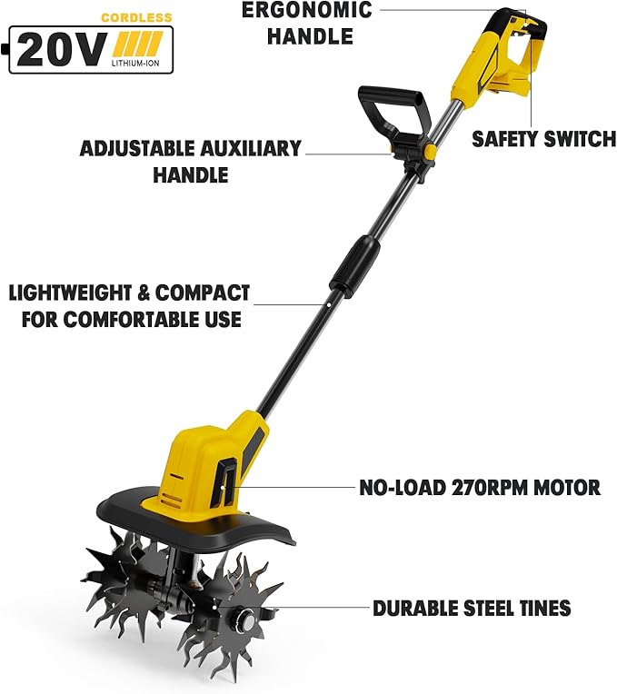 Cordless Tiller Cultivator Compatible with Dewalt 20V Battery(Tool Only), Electric Garden Tiller w/270 RPM, 48 Steel Tines, 8.7" Tilling Width, 6.3" Depth, Portable Rotary Tiller