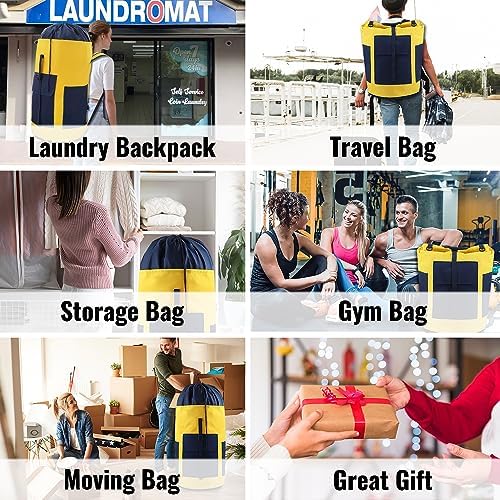 JOINPRO Laundry Bag Backpack, 125L Extra Large Laundry Backpack with Shoulder Straps, Adjustable Extendable Laundry Hamper Bag with 3 Pockets for College, Travel, Camping (Yellow)