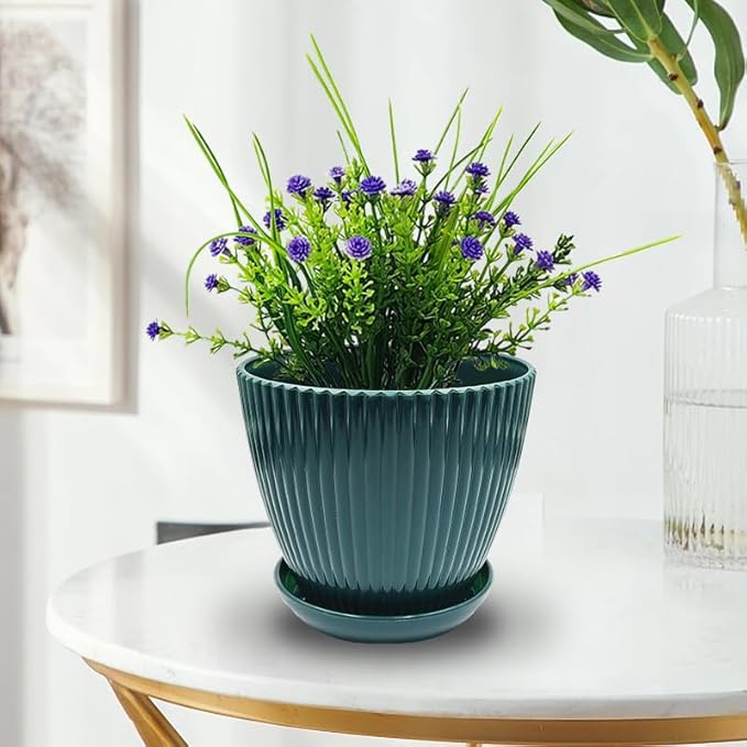 RooTrimmer 7.5/6.5/5.5/4.9/4.2/3.5 Inch Plant Pots with Saucers & Drain Holes - Indoor/Outdoor Flower Pots for Succulents, Herbs, Cactus - Modern Lightweight Durable Planter Set, Dark Green