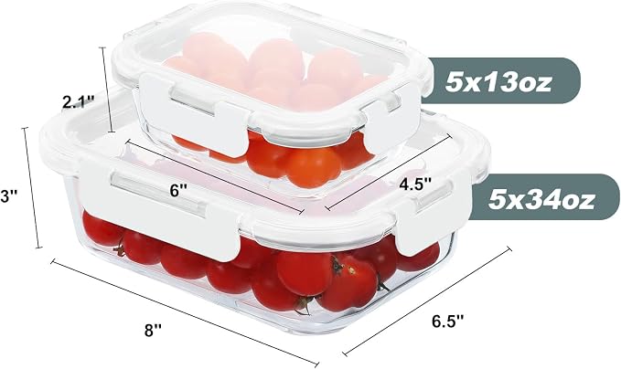KOMUEE 10 Pack Glass Food Storage Containers with Lids, White | Meal Prep Containers Set, Airtight Glass Lunch Boxes, BPA-Free, Freezer, Oven, and Microwave Safe