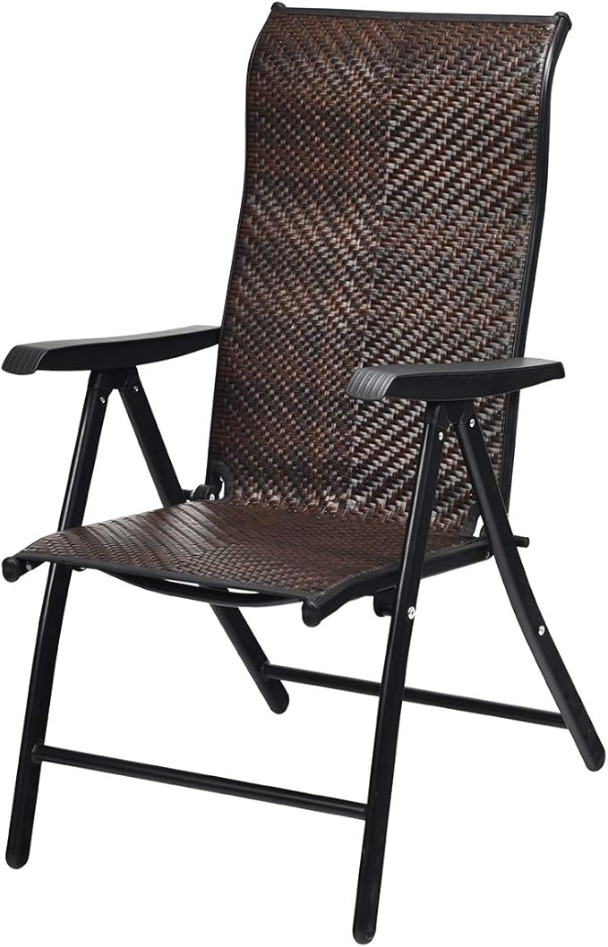 Tangkula Foldable Patio Wicker Dining Chair, Portable High Back Outdoor Wicker Chair with 5-Level Adjustable Backrest, No Assembly Reclining Chairs for Porch Deck Garden Balcony