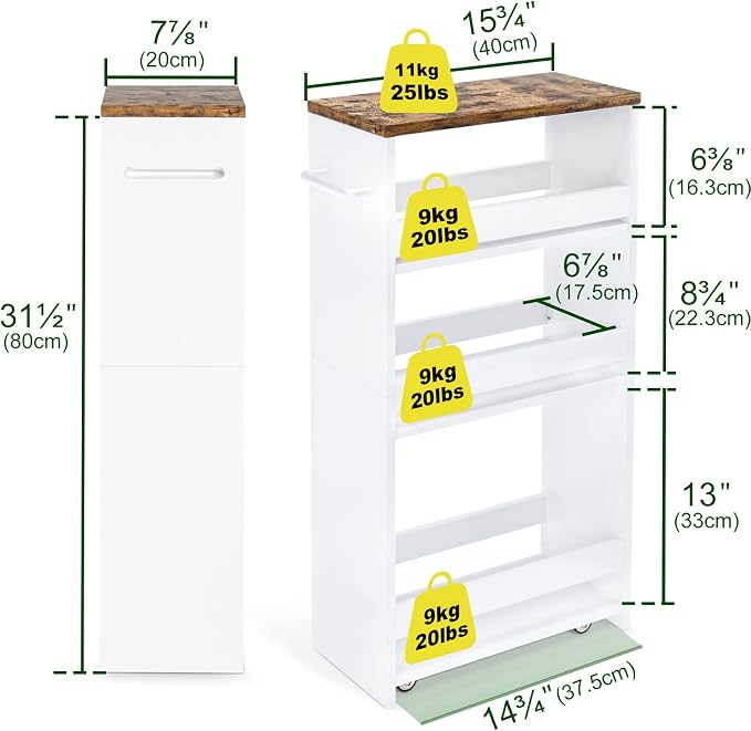 TEAMIX Slim Rolling Storage Cart, Wood 4-Tier Narrow Kitchen/Laundry Cart