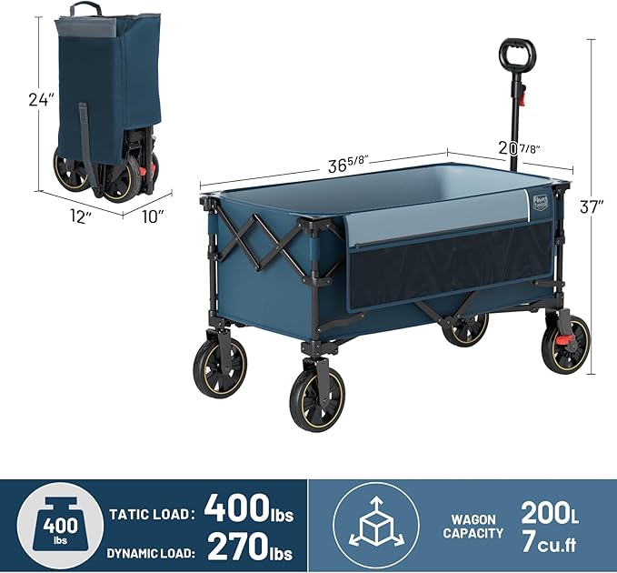 Timber Ridge Collapsible Wagon Cart with Brakes, 200L Large Capacity Compact Portable Easy to Carry Folding Wagon, Utility Grocery Cart for Camping, Gardening, Shopping