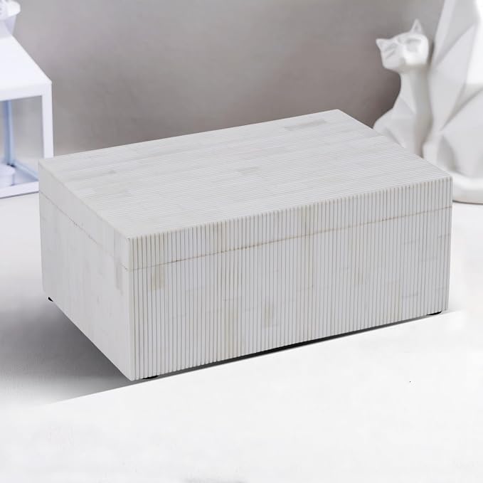 Handicrafts Home Large Decorative Storage Box with Lid – 12X8X5” Coffee Table Organizer, Keepsake- Decorative Boxes for Home Decor, Stylish Decorative Box for Office Decor-White Stripped