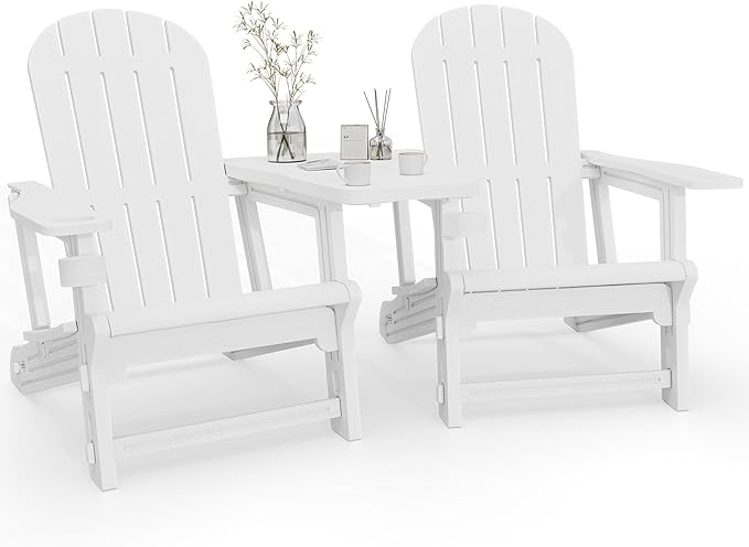 Vongrasig Adirondack Chairs Set of 2 with Removable Tabletop, Outdoor HDPE Plastic Fire Pit Chair Set with Wooden Textured, Cup Holder for Patio, Poolside, Deck, Garden, White, 3 Pieces
