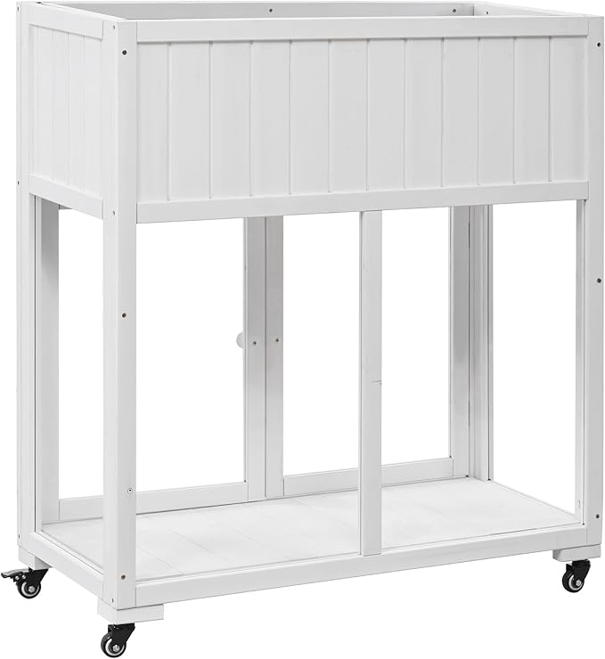 Polibi Patio Mini Wood Cold Frame, Compact 2 Doors Garden Greenhouse with Wheels, Raised Bed with Liner for Indoor Outdoor Use,35.4''x17.7''x37.4'',White