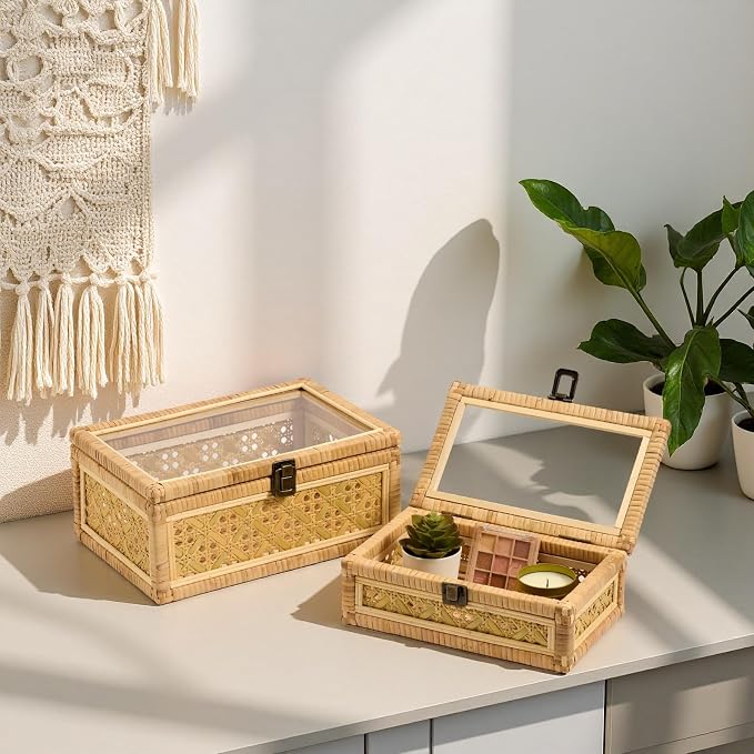 Decorative Rattan Box Handmade Boho Natural Wicker Woven Basket | with Clear Glass Lid Wooden Frame, Keepsake Jewelry Organizer, Rectangular Desk Cane Boxes, Closet Shelf Storage, Large