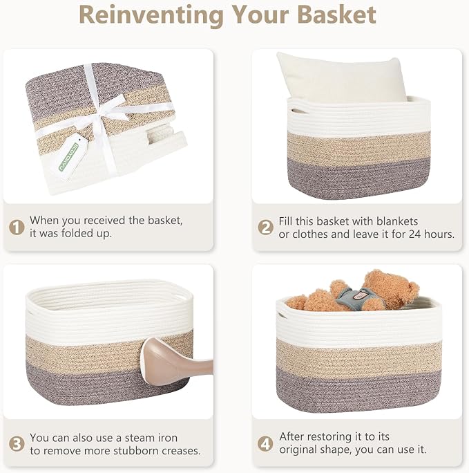 ECDYQXVU 15x10x9 Inch Woven Cotton Rope Storage Basket, 1 Pack | Foldable Design, Built-in Handles, Space-saving Organizer for Living Room, Bedroom, Laundry, Shelves, Clothes, Towels