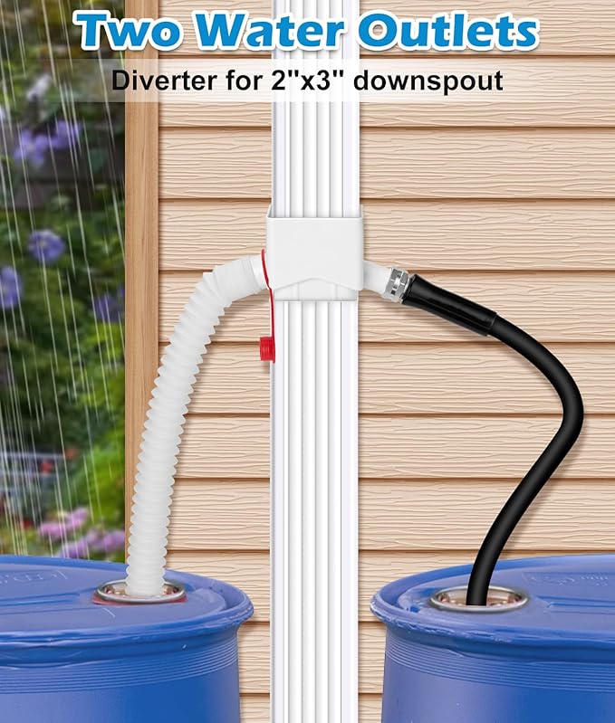 Downspout Diverter, WADEO Rain Barrel Diverter Fits for 2"x 3" Standard Downspout, Rainwater Collection System with Two Water Outlets to Collect Rainwater from Gutter, with 5FT Hose