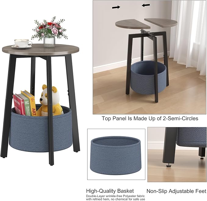 sthmec Small Round Side End Table Set of 2 with Cloth Storage Basket, Round Bedside Sofa Couch Coffee Tables for Small Places with Metal Frame, Modern Nighstands for Living Room Bedroom,Grey