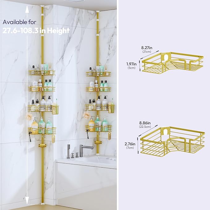 SWTYMIKI Shower Caddy Tension Pole - 4-Tier Corner Shower Organizer Tension Rod with Soap Holder, Toothbrush Holder & 4 Hooks, Adjustable Stainless Steel Shower Shelves 27.6 to 108.3 inch, Gold
