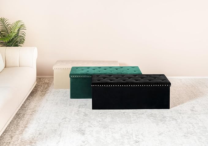 PINPLUS Folding Storage Ottoman Bench, Black Faux Leather | Storage Chest with Padded Seat, Blanket Organizer, Footrest Stool for Bedroom, Living Room and Office, 43.3 Inch