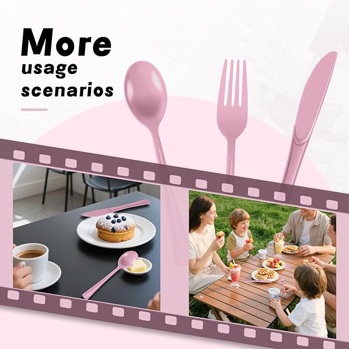 Plastic Silverware 300 PCS Disposable Silverware Heavy Duty Utensil Sets 100 Of Each Forks Knives & Spoons Disposable Cutlery Set For Easter,Birthday,Baby Shower,Garden Party,Wedding(300,Pink)