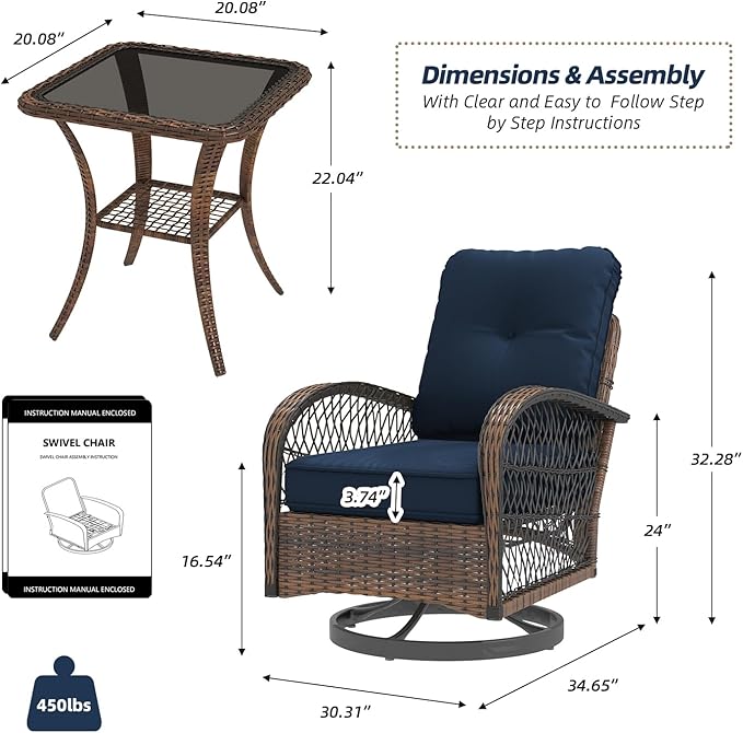MELLCOM 3 Pieces Patio Furniture Set, Outdoor Swivel Rocker Patio Chairs, Wicker Patio Bistro Set with Rocking Chair, Thickened Cushions and Glass Coffee Table for Backyard, Garden, Navy Blue