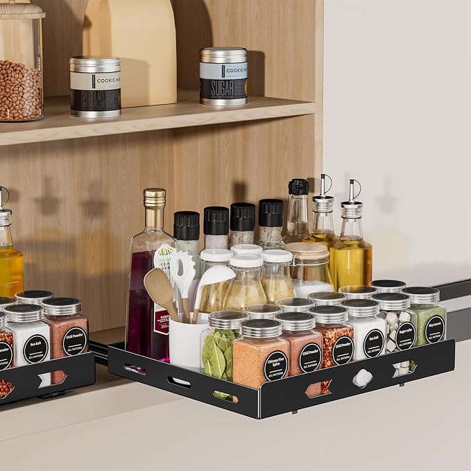 BOIVSHI Pull Out Spice Rack for Cabinet, 12.6" Wx10.5 Dx2.8 H | Metal Heavy Duty Spice Rack Easy to Assembly, 1 Tier Spice Organizer to Save Cabinet Space, Noise-Free Sliding Seasoning Rack