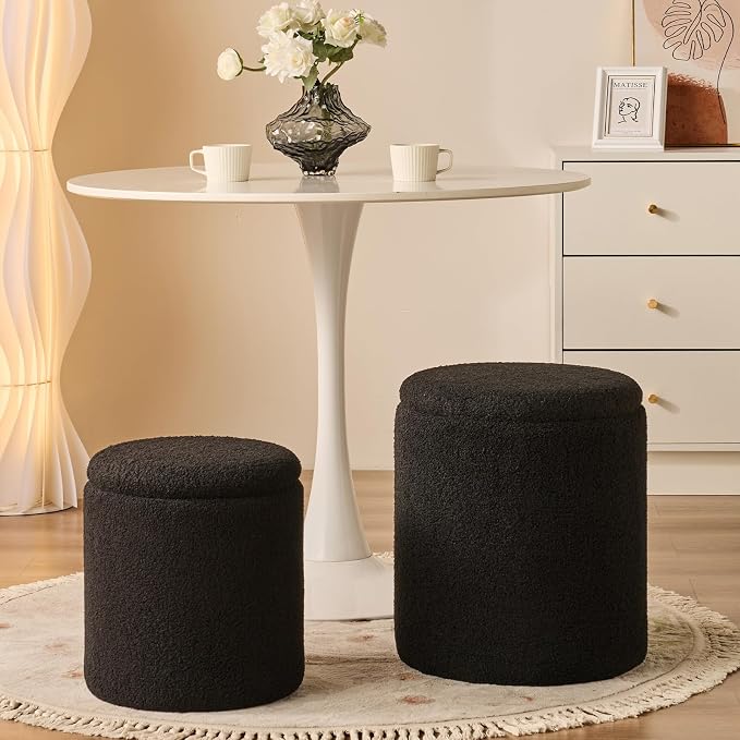 BLEXA Set of 2 Round Storage Ottoman, Black Boucle Ottoman with Storage | Upholstered Padded Vanity Stool, Multifunctional Coffee Table & Foot Rest for Bedroom, Living room with Hidden Storage Space