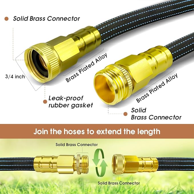 10FT Lightweight Flexible Hose,Solid Brass Head Garden Hose for Boat,RV, Marine Washdown, Lawn,Garden,Camp,outdoor,Superior high pressure TPE water Hose (BlueBlack, 10 FT)