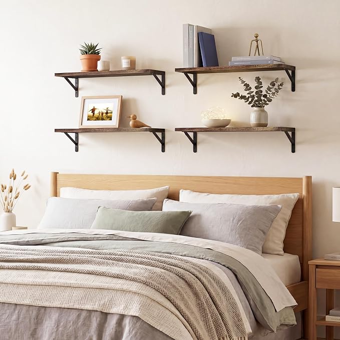 YGEOMER 23.6in Floating Shelves for Wall Home Decor, Brown, Wood, Set of 4 | Rustic wood shelves with metal brackets. Space-saving for books & decor. Works in bathroom, kitchen, living room & bedroom.