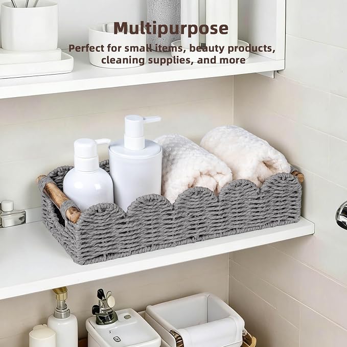 CubesLand Bathroom Basket Organizer, Toilet Tank Basket W/Cut Out Handle | Small Scalloped Wicker Toilet Paper Storage Basket for Bathroom Countertop Decorative Also for Home Decor, Living Room, Grey