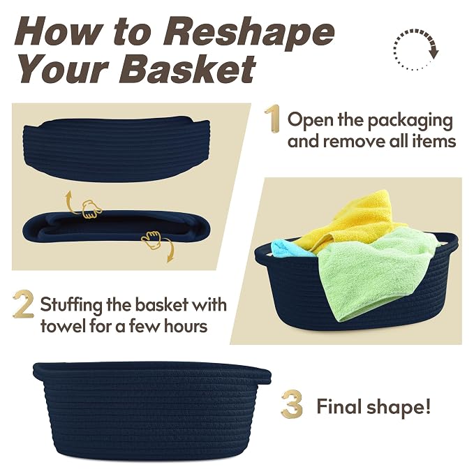 Pro Goleem Small Woven Basket with Gift Bags and Ribbons Durable Baskets for Gifts Empty Small Rope Basket for Storage 12"X 8" X 5" Baby Toy Baskets with Handles, Navy Blue