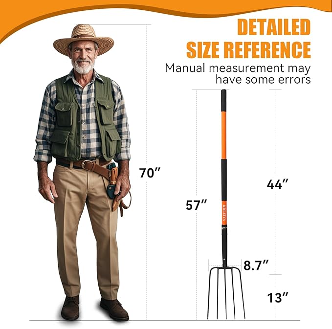 KOLEIYA 5-Tine Pitchfork for Gardening, 57-Inch Heavy Duty Garden Fork with Orange Fiberglass Handle for Compost, Mulch and Manure