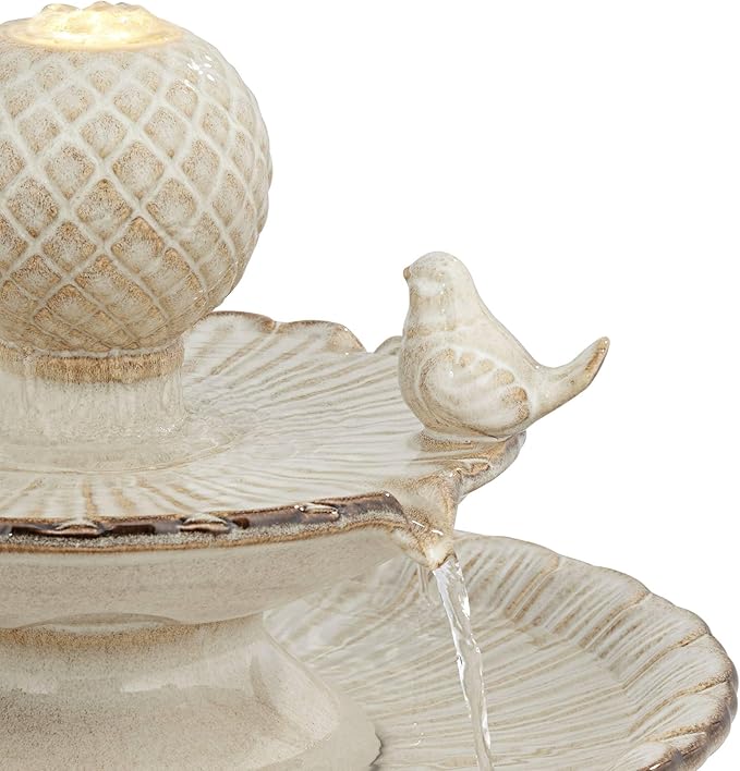 Bathing Bird 26 3/4" High Large Italian Outdoor Cottage Core Decor Cream Ceramic Floor Fountain with Light LED Waterfall 2-Tier Standing Basin Water Feature for Outside Garden Patio - John Timberland