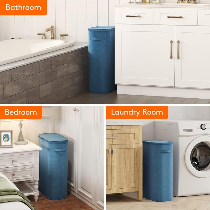 Lifewit Slim Laundry Basket with Lid and Removable Bag, 65L, Dark Blue | Collapsible Narrow Laundry Hamper, Skinny Washing Basket with Plastic Frame, Dirty Clothes Organiser for Laundry, RV, Dorm