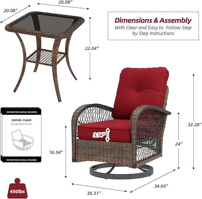 MELLCOM 3 Pieces Patio Furniture Set, Outdoor Swivel Rocker Patio Chairs, Wicker Patio Bistro Set with Rocking Chair, Thickened Cushions and Glass Coffee Table for Backyard, Garden, Wine Red
