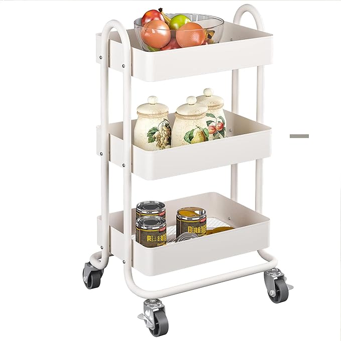 Metal Rolling Cart,3-Tier Metal Rolling Cart with Wheels,3 Tier Utility Cart with Wheels for Office,Home,Kitchen,Garden๏ผ13.4"x18.1"x31"๏ผ White