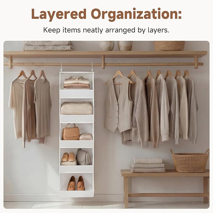 StorageWorks Basics Hanging Closet Organizer, Foldable Storage Organizer | 5-Shelf Wide Trapezoid Closet Shelves with Reinforced Anti-Sagging Support for Sweaters, Hoodies and Handbags, Beige