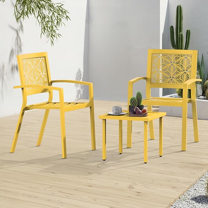 BUPPLEE 3 Piece Patio Bistro Set, Outdoor Steel Furniture Set, Stackable Modern Conversation Sets for Balcony Garden Deck Patio w/2 Chairs 1 Table, Yellow