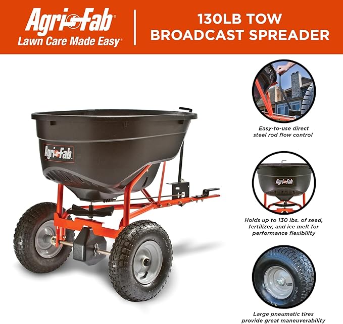 Agri-Fab 45-0463 Pull Behind Broadcast Spreader,130 lb. Hopper Capacity Designed for Seed, Fertilizer, Salt, Ice Melt with Universal Hitch,12 ft. Spread Width for Riding Lawn Mowers and Lawn Tractors
