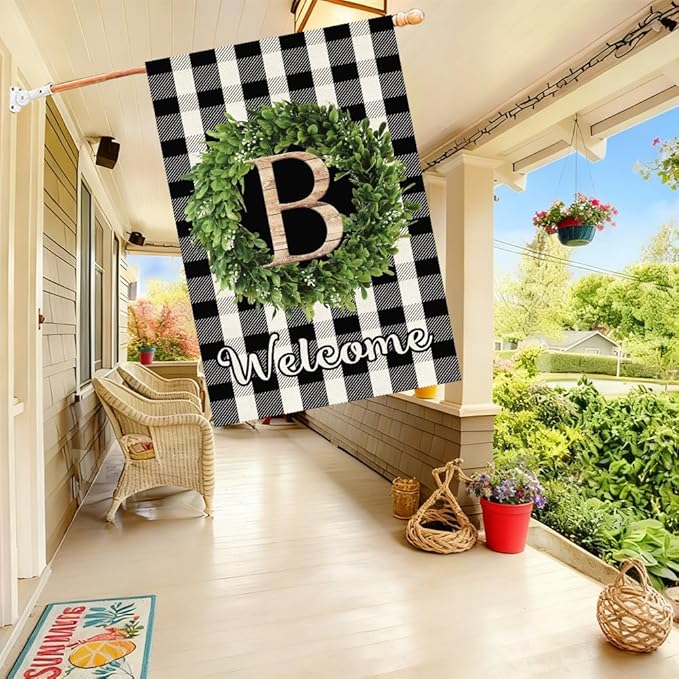 Baccessor Monogram Letter B Garden Flag 28 x 40 Inch, Buffalo Plaid Family Last Name Initial Boxwood Wreath Welcome Vertical Double Sided Large Flags for Outdoor Outside Decoration