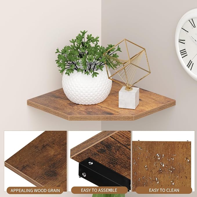 JJL Corner Shelf, 12 Inch Set of 2 Floating Shelves for Wall with Wire Hole for Security Camera and Radios Storage, 13.3 Inch Deep Wall Mounted Shelves for Living Room Corner Decoration, Rust Brown