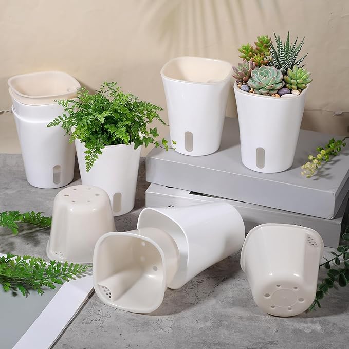 8 Sets Self Watering Pots for Indoor Plants, 4 Inch White Small Self Watering Planters Plastic Garden Pots with Water Level Indicator & Vents for All House Plants, Flowers, Succulents
